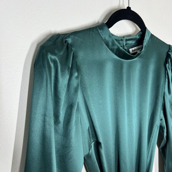 Reformation Sz 4 Julius Silk Satin Long Sleeve Midi Dress in Forest Green - Picture 15 of 15